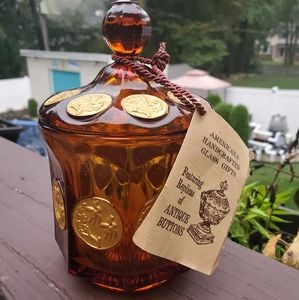 Vintage Amber Imperial Glass Jar with Gold Replica Antique Buttons - 6.5" x 4"